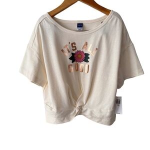 Old Navy Cream Short Sleeve Knot Front Tee with Pink Floral Graphic